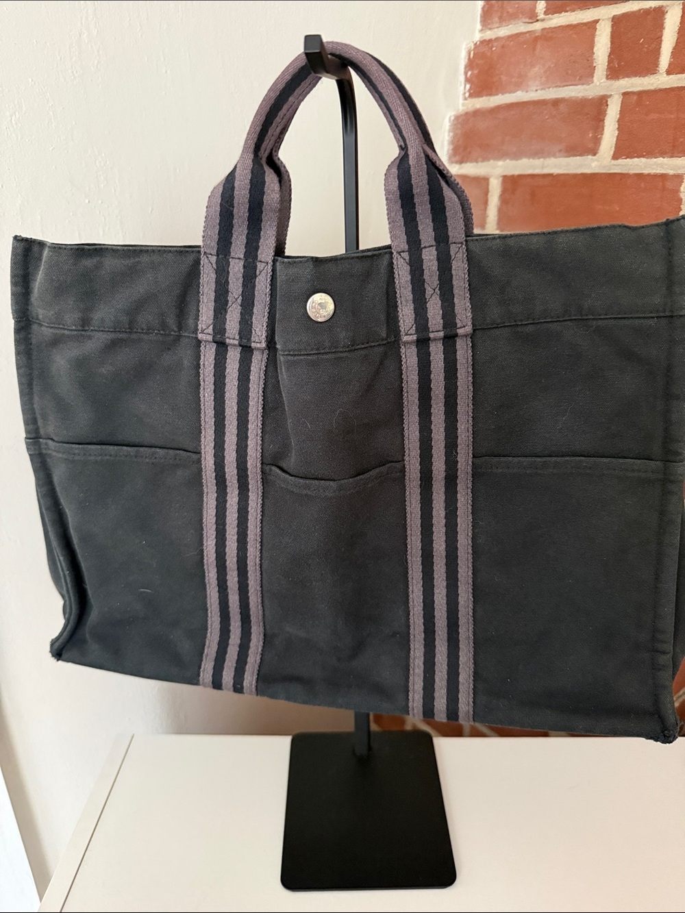 Hermes Black Canvas Tote with Striped Handles